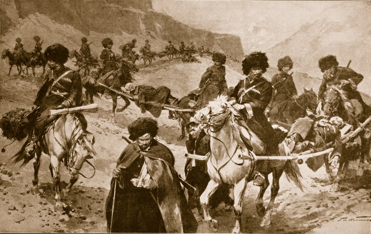 Kosaken-Krankenwagenkonvoi in den Bergen des Kaukasus, 1914-19 von Frederic de Haenen