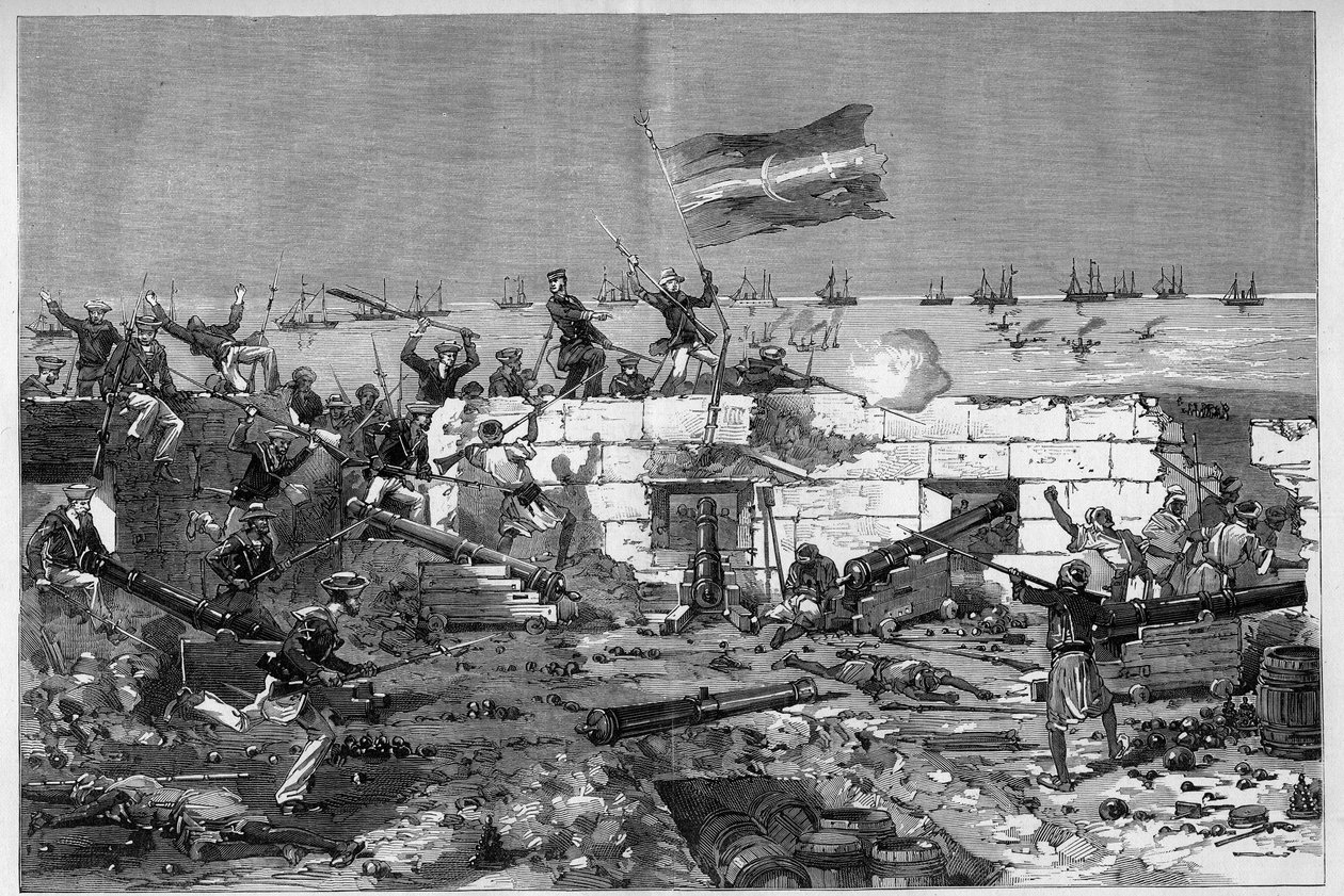 Tunesien, Juli 1881: Französische Truppen eroberten die Stadt Stax nach dem Aufstand der Einwohner gegen das französische Protektorat von Tunesien. Marinegewehre nehmen die Rundbatterie ab. Gravur von De Haenen in „Die illustrierte Welt“ Nr. 1273 vom 20. A von Frederic de Haenen