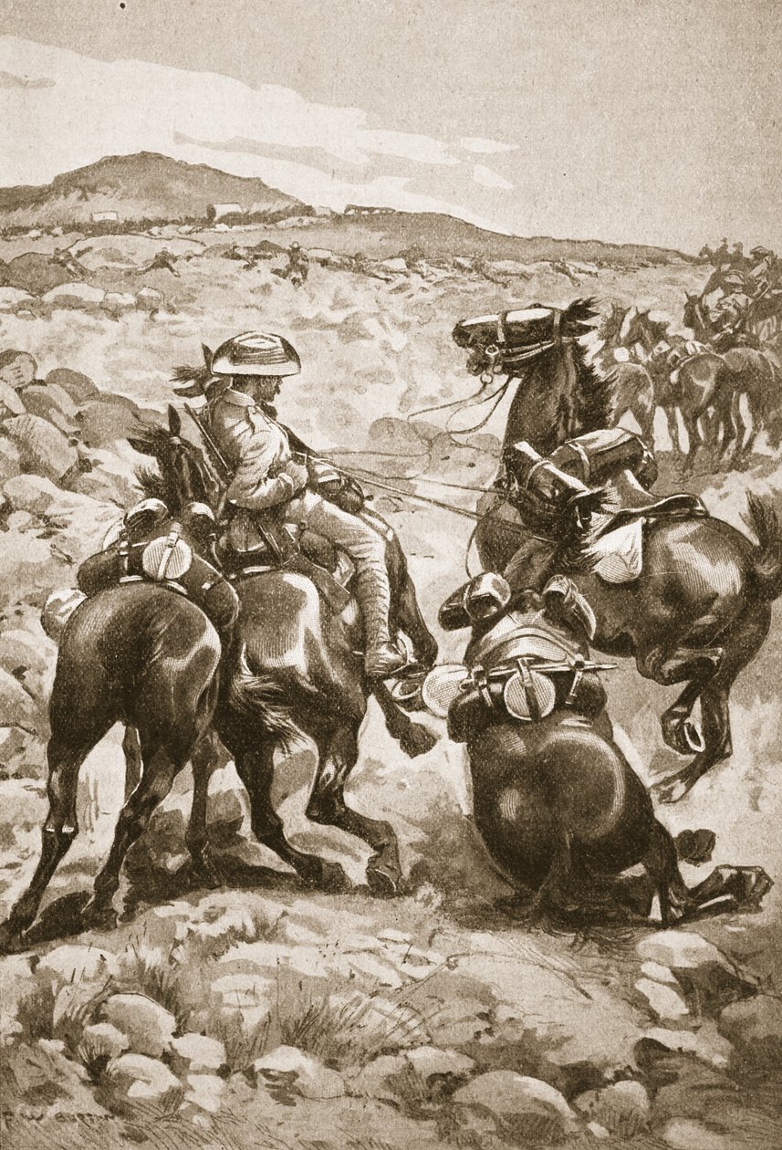 Auf den Fersen von De Wet: Berittene Infanterie greift einen Wagenzug an, Illustration aus 