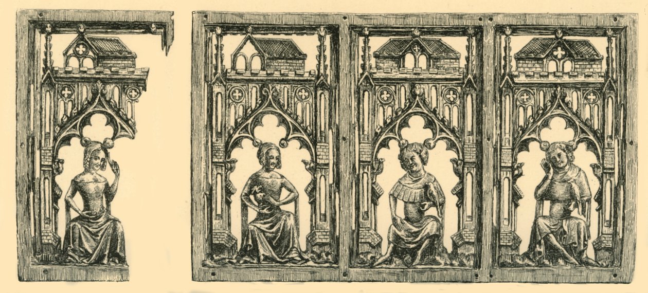 Ritter und Damen unter Baldachinen sitzend, durchbrochenes Elfenbeinpanel, Mitte-spätes 14. Jahrhundert, 1881 von Frederick Albert Slocombe