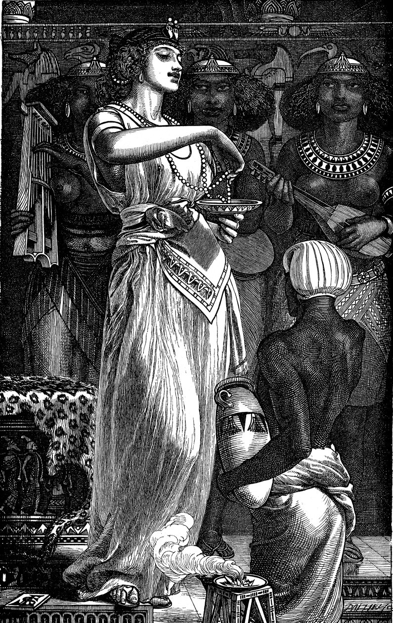 Kleopatra VII 69-30 v. Chr., Königin von Ägypten, Perlen in Wein auflösend, 1866 von Frederick Augustus Sandys