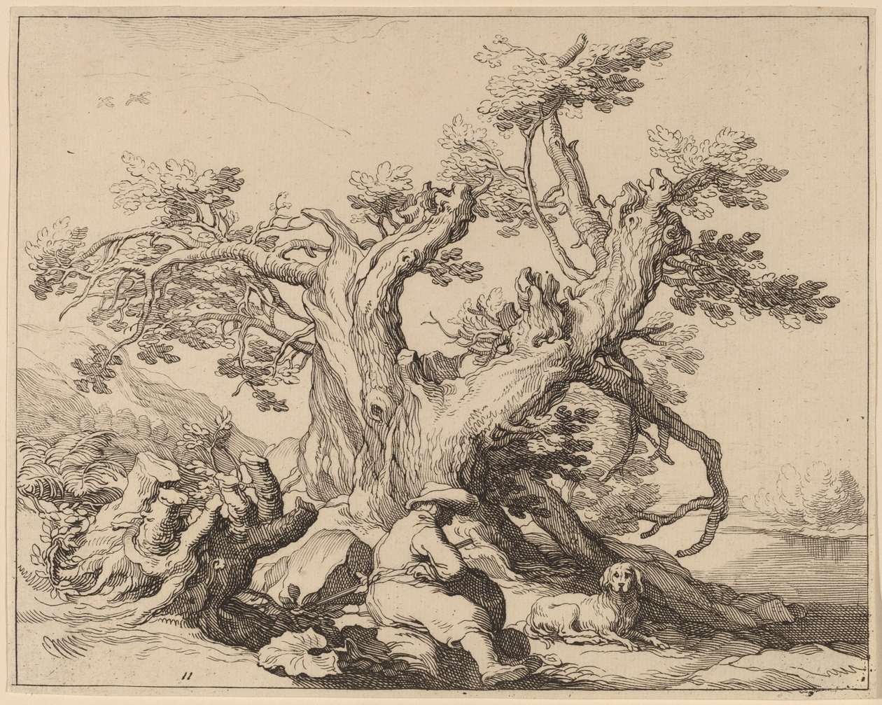 Ein Mann und sein Hund ruhen sich an einem großen Baum aus von Frederick Bloemaert after Abraham Bloemaert