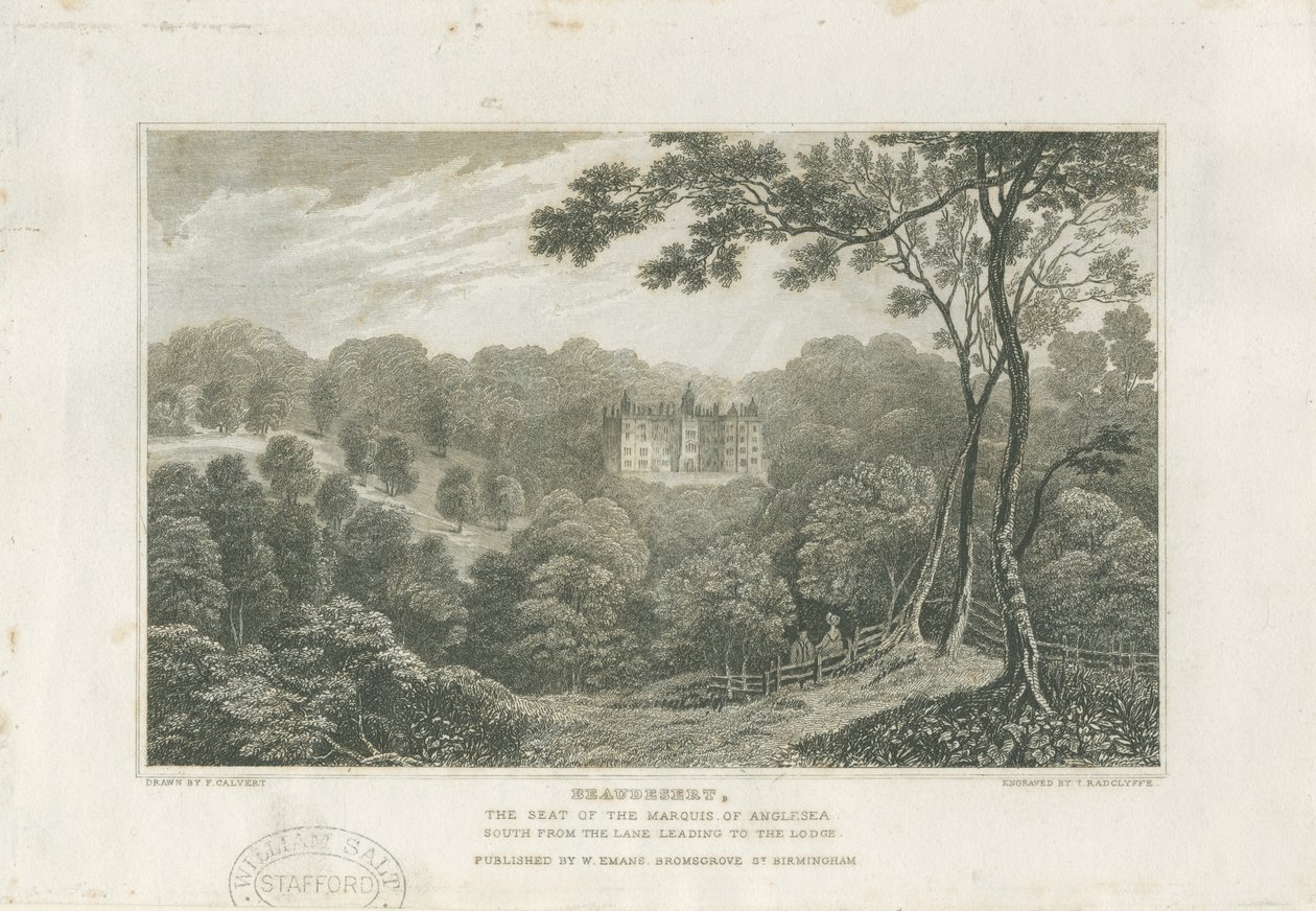 Beaudesert Halle und Park: Gravur, undatiert [ca. 1830] von Frederick Calvert