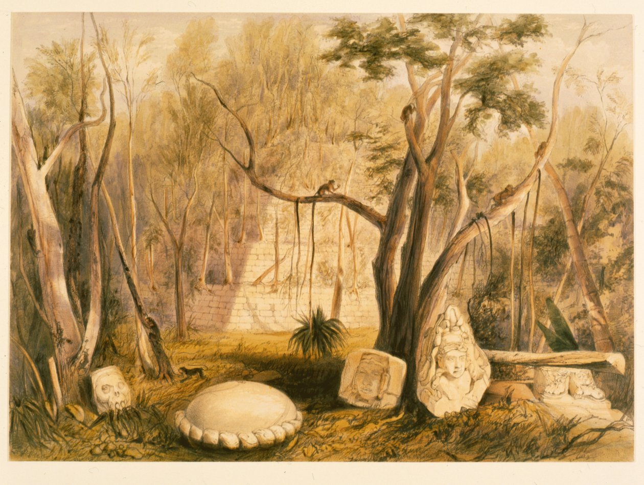Pyramidengebäude und Skulpturfragment in Copan, Illustration aus 