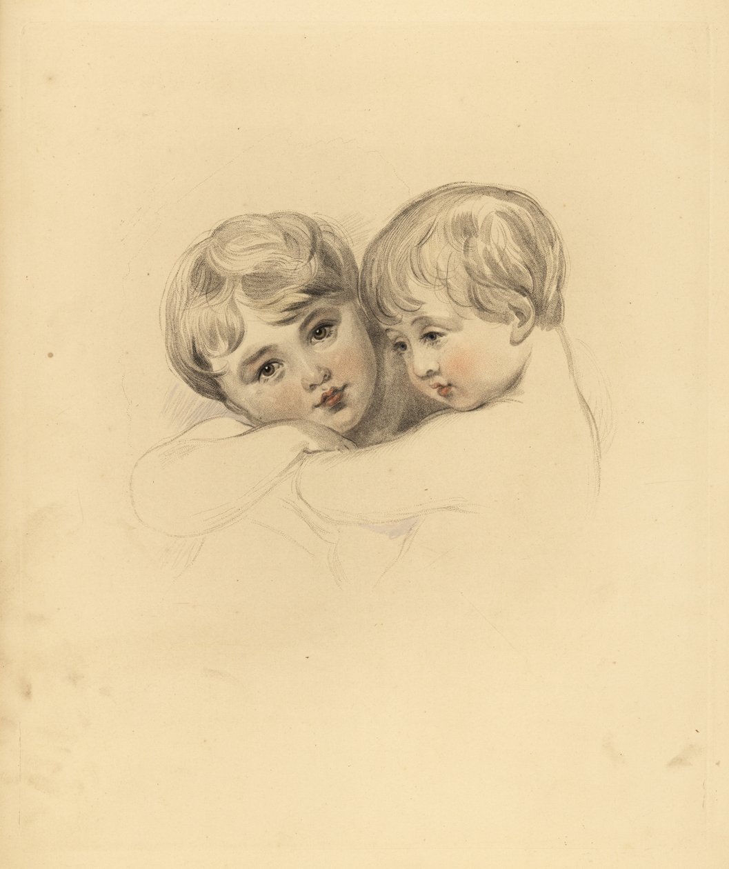 Porträt der Calmeady-Kinder in einer Umarmung. Handkolorierte Gravur von Frederick Christian Lewis nach einer Illustration von Sir Thomas Lawrence aus P.G. Patmore