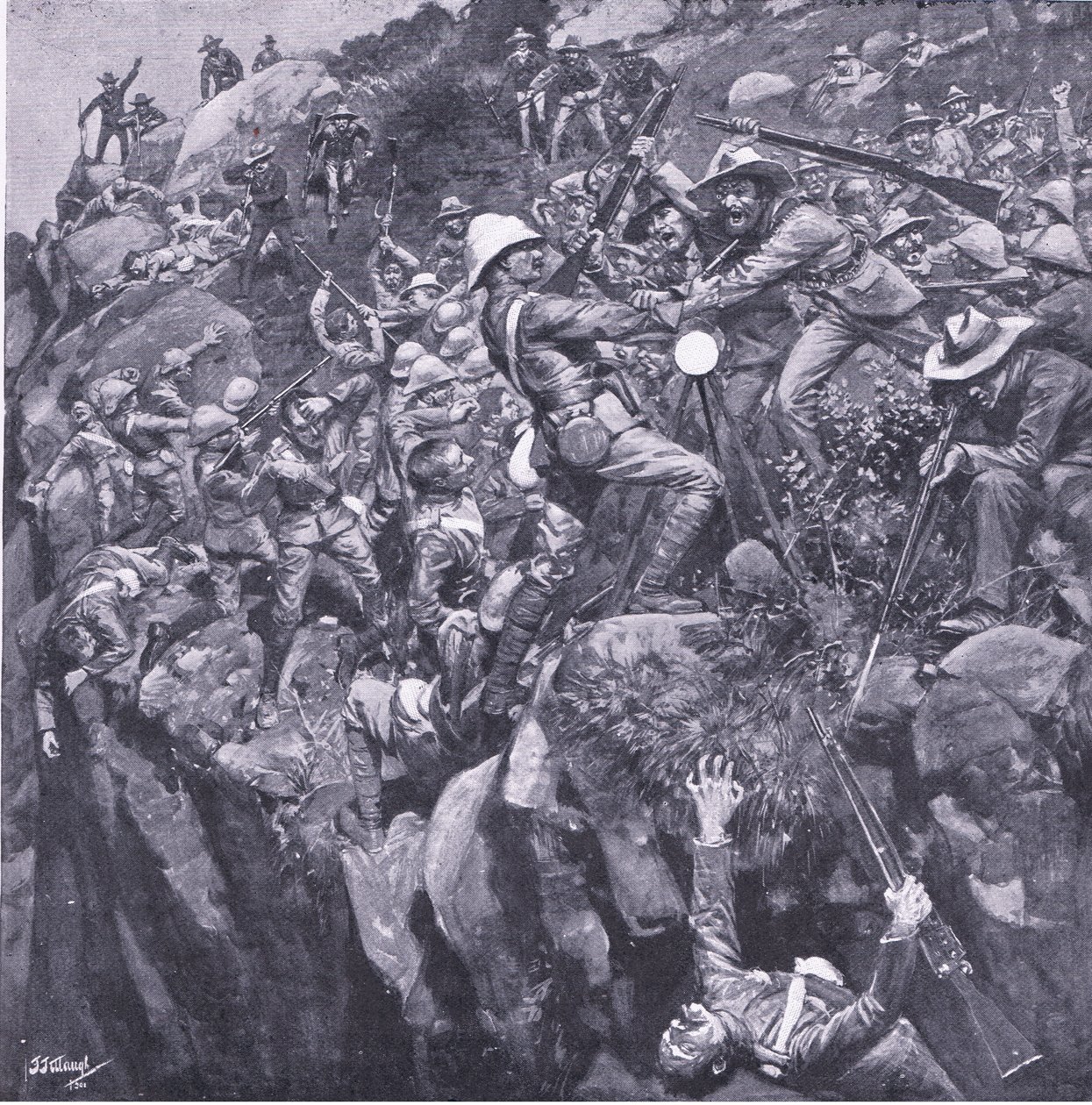Das Unglück in Nooitgeddacht: Das Ende eines tapferen Signalisten, aus After Pretoria: Der Guerillakrieg veröffentlicht von Harmsworth Bros Limited, 1901 von Frederick Judd Waugh