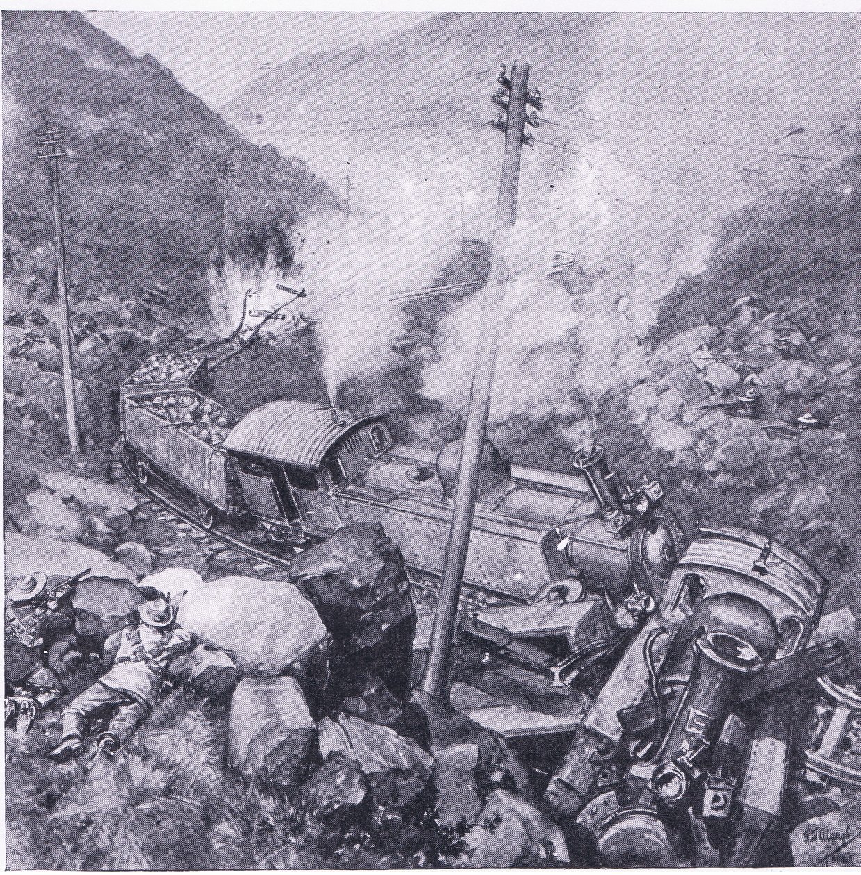 Die Zerstörung eines gepanzerten Zuges in der Nähe von Vlakfontein, Illustration aus After Pretoria: The Guerilla War, 1902 von Frederick Judd Waugh