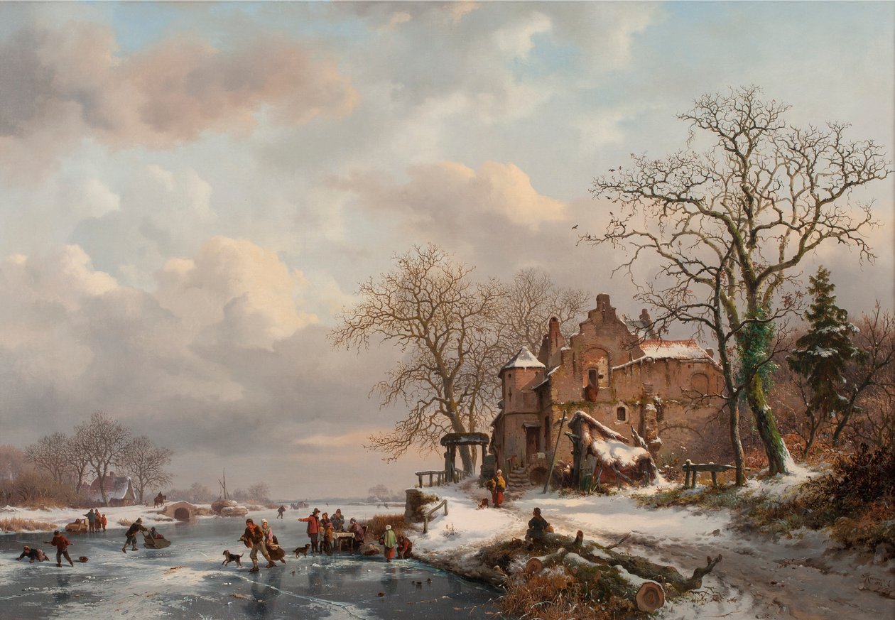 Eine Winterlandschaft mit Schlittschuhläufern auf einem gefrorenen Fluss von Frederick Marianus Kruseman
