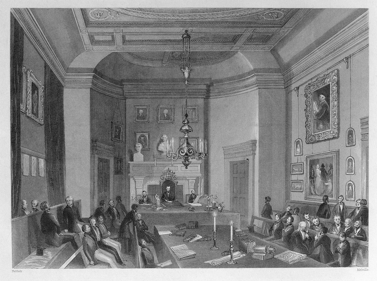Ansicht des Inneren von Somerset House, zeigt ein Treffen der Royal Antiquarian Society, ca. 1840 von Frederick William Fairholt