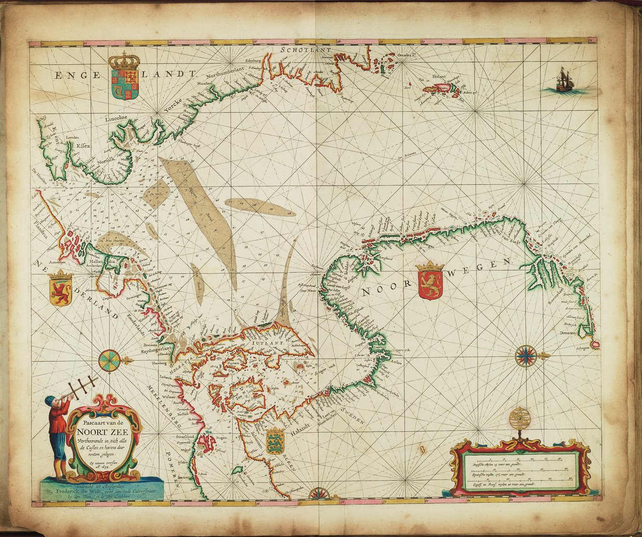 Pascaart der Nordsee, die alle Küsten und Häfen zeigt von Frederick de Wit