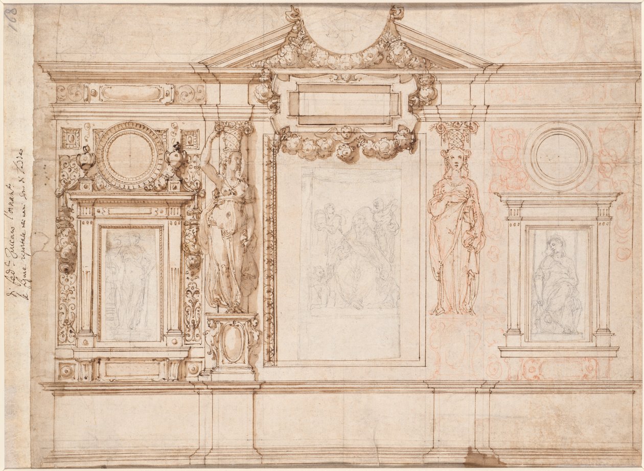 Entwurf für eine Wanddekoration mit eingeklebten Skizzen nach Raphael (verso) von Frederico Zuccaro