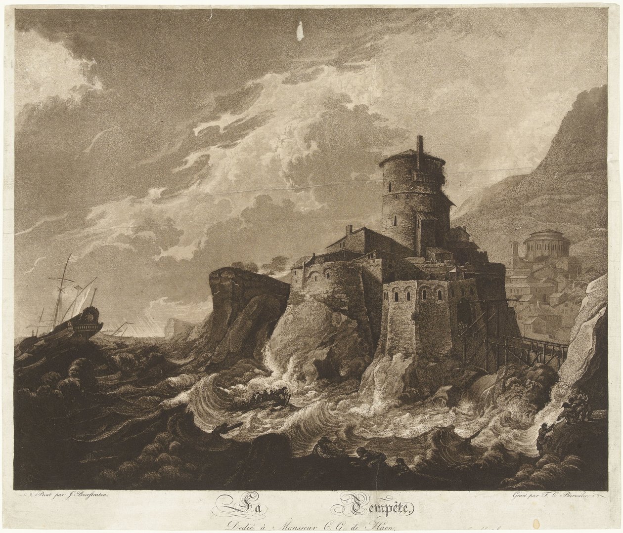 Schloss an der Felsküste und Schiffe im Sturm auf See von Frederik Christiaan Bierweiler