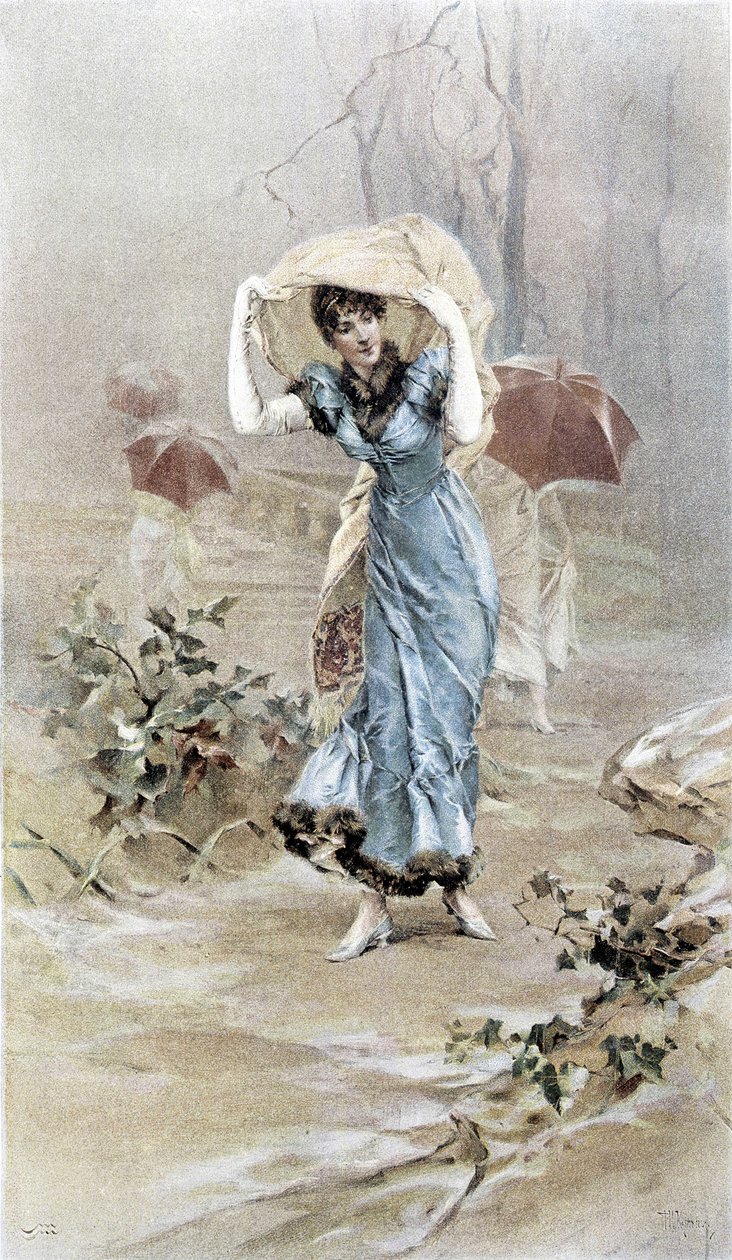 Frau, die sich vor dem Regen schützt - Allegorie des frühen Herbstes, Kalender illustriert von Hubert Dys von Frederik Hendrik Kaemmerer