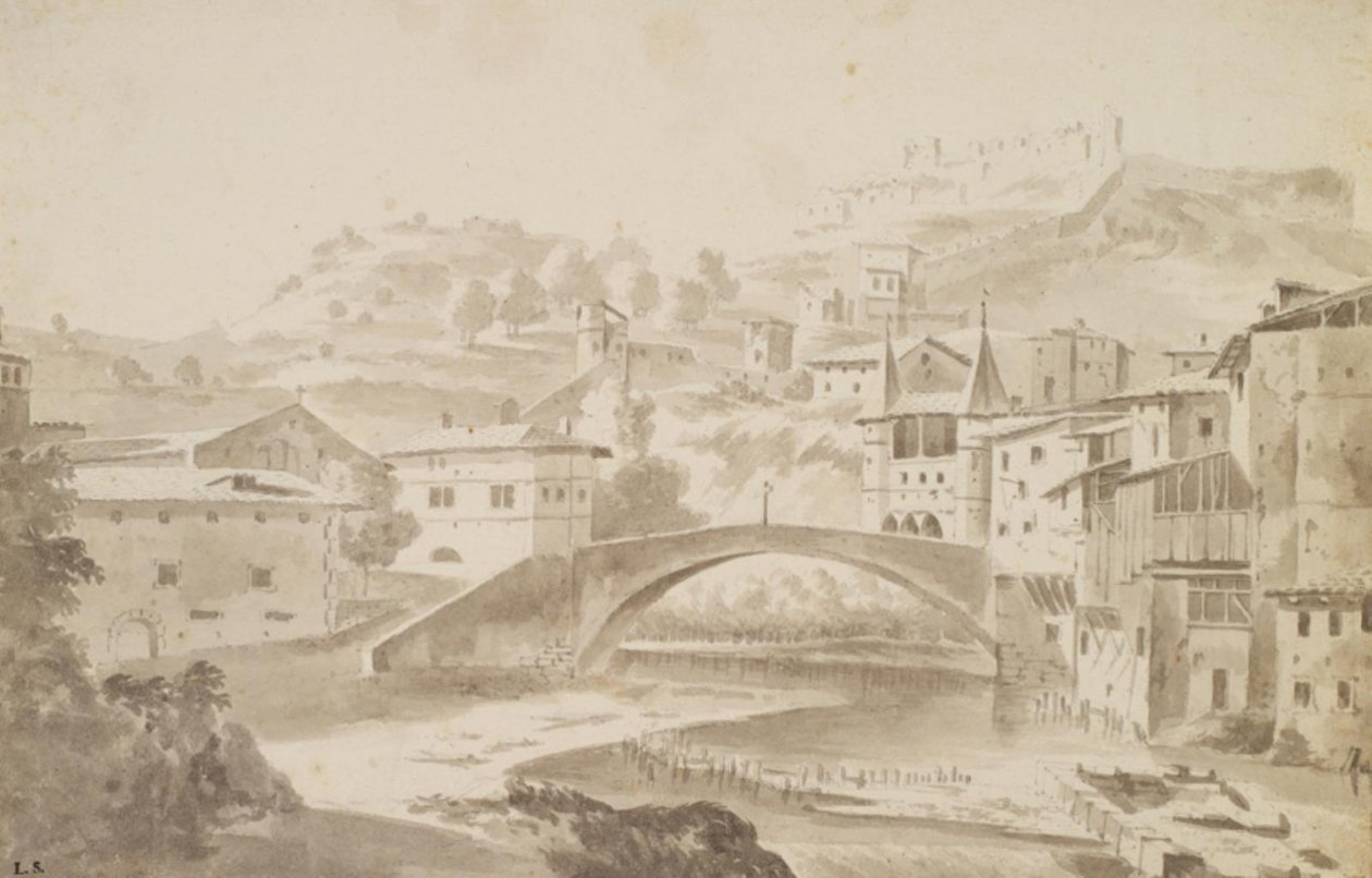 Vienne, nahe Lyon. Pont Saint-Martin über den Fluss Gère. Links Prieuré de Saint-Martin, rechts Porte de la Rochette und Schloss Pipet von Frederik de Moucheron