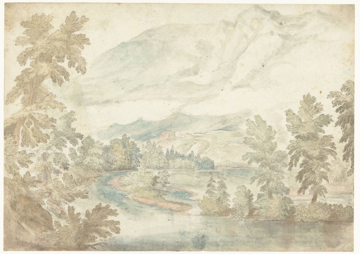 Biegung in einem Fluss, der durch ein Tal mit hohen Bergen fließt von Frederik van Valckenborch