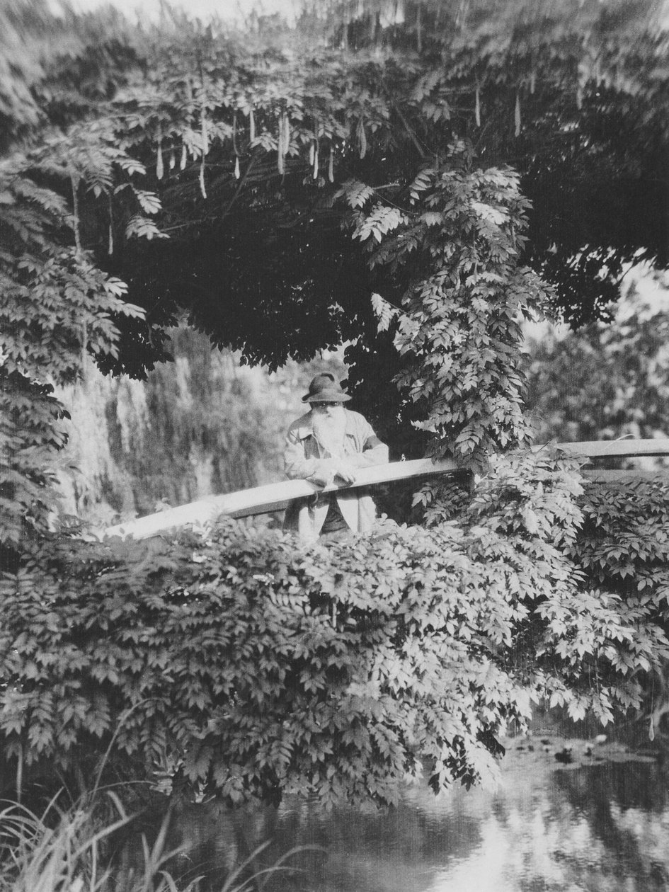 Claude Monet (1841-1926) auf der japanischen Brücke in seinem Garten in Giverny von French Photographer