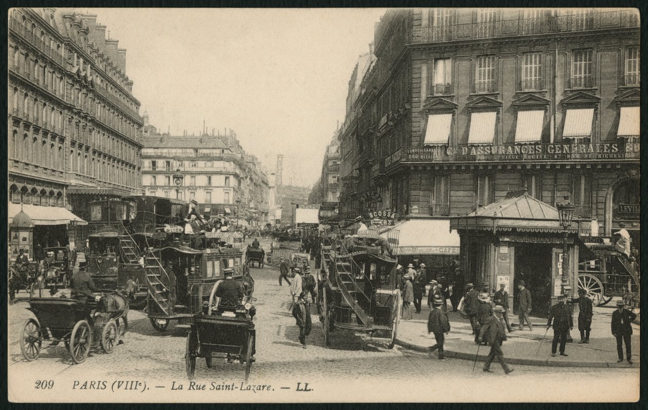 Postkarte, die die Rue Saint-Lazare in Paris zeigt, ca. 1900 von French Photographer