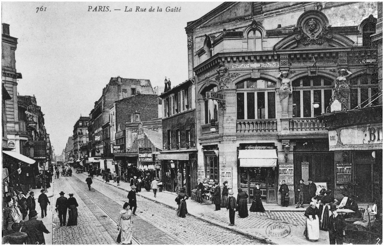 Postkarte, die die Rue de la Gaite, Paris, vor 1914 darstellt von French Photographer