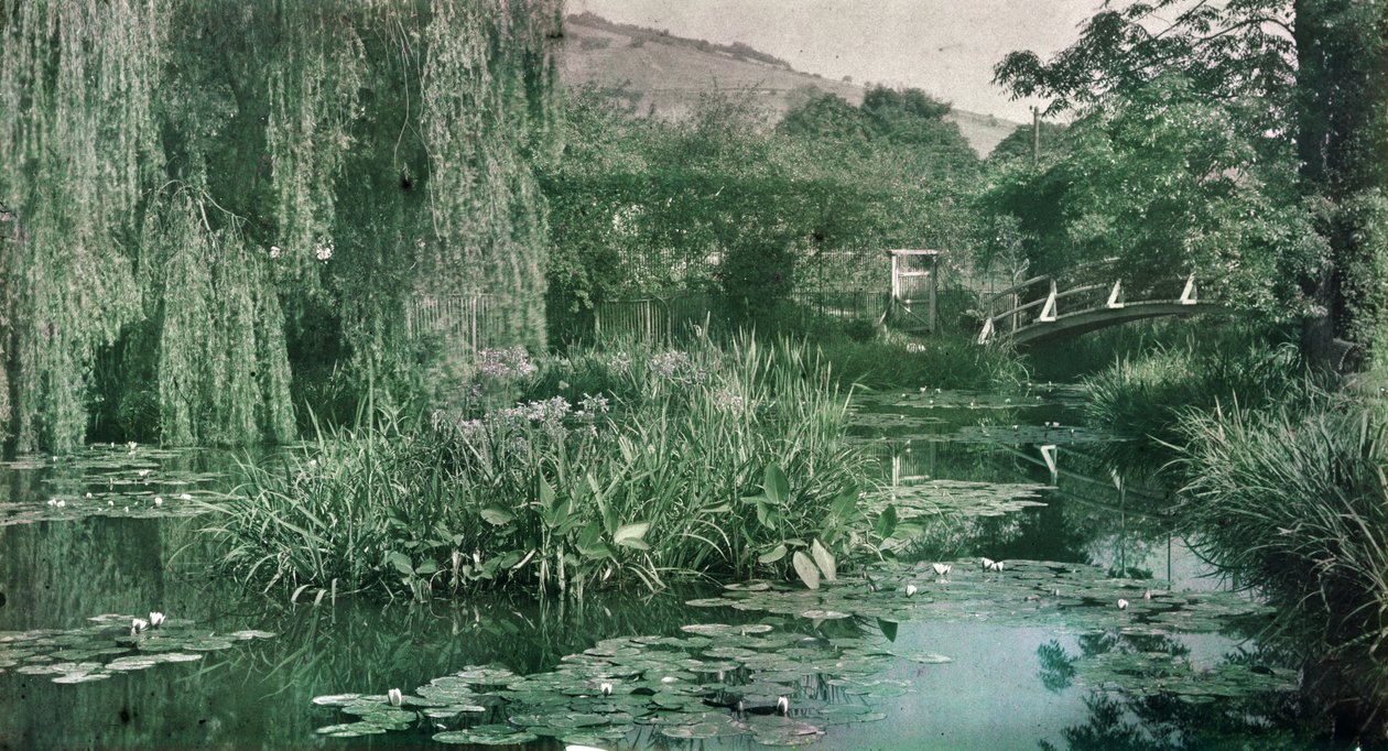 Seerosenteich und japanische Brücke in Monets Garten in Giverny, frühe 1920er Jahre (Foto) von French Photographer