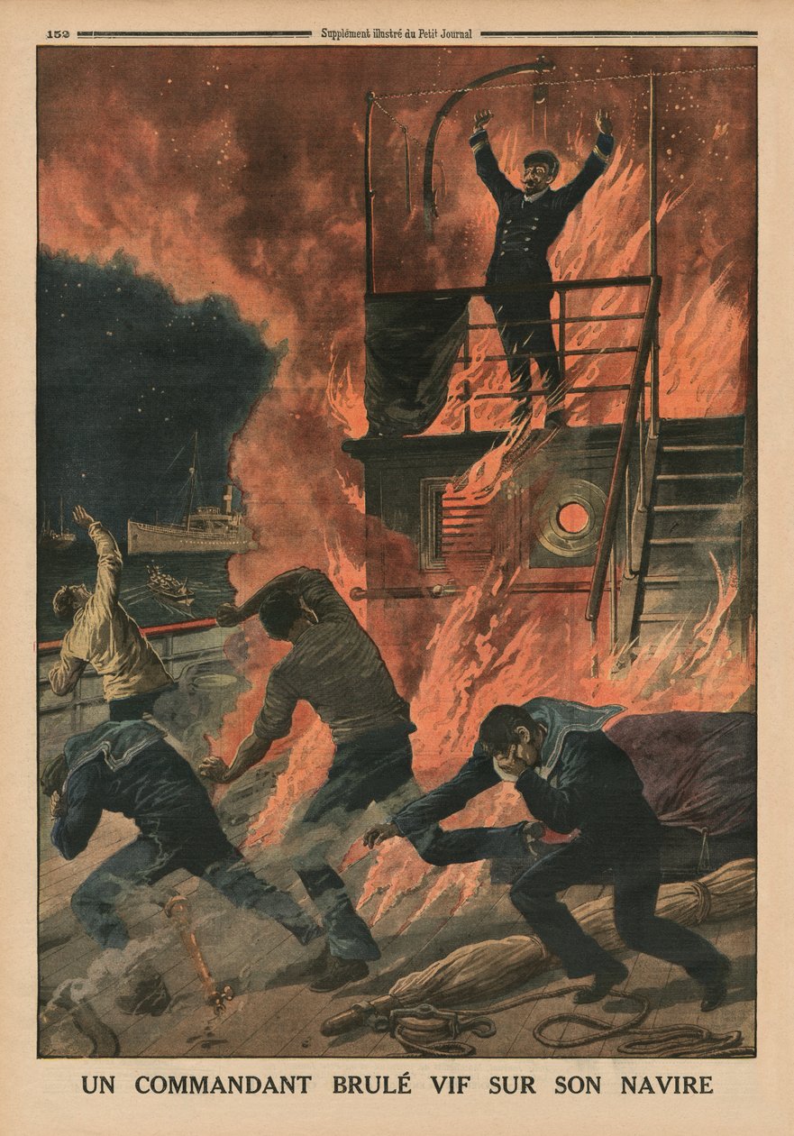 Ein Kapitän lebendig verbrannt an Bord seines Schiffes, Rückseitencover-Illustration aus 