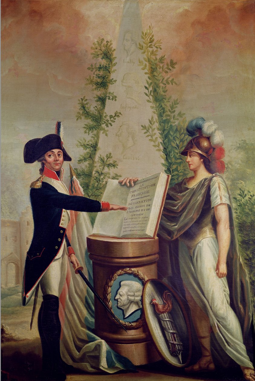 Ein Offizier der Nationalgarde schwört einen Treueeid vor dem Altar der Verfassung und der Erklärung der Menschenrechte von French School