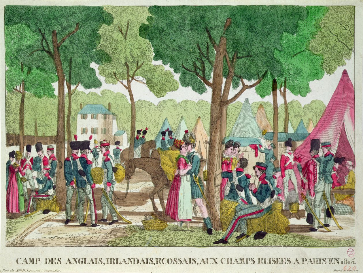 Lager der englischen, irischen und schottischen Soldaten auf den Champs-Elysées im Jahr 1815 von French School