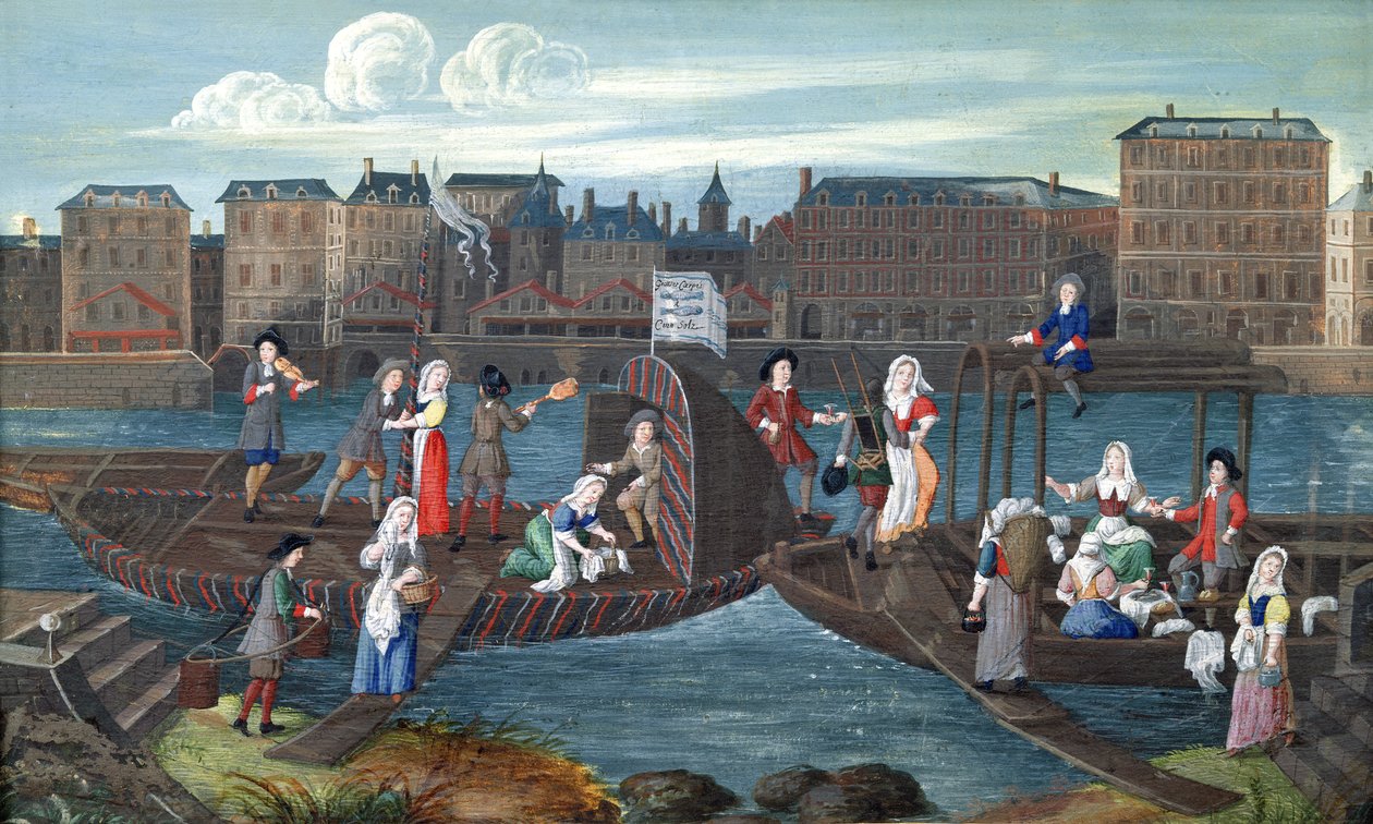 Fischladen und Wäschereiboot am Quai de la Megisserie, ca. 1670 von French School