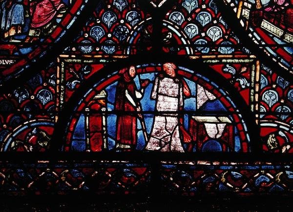 Pelzhändler, Detail aus einem Fenster mit Szenen aus dem Leben Karls des Großen, aus dem nördlichen Umgang von French School