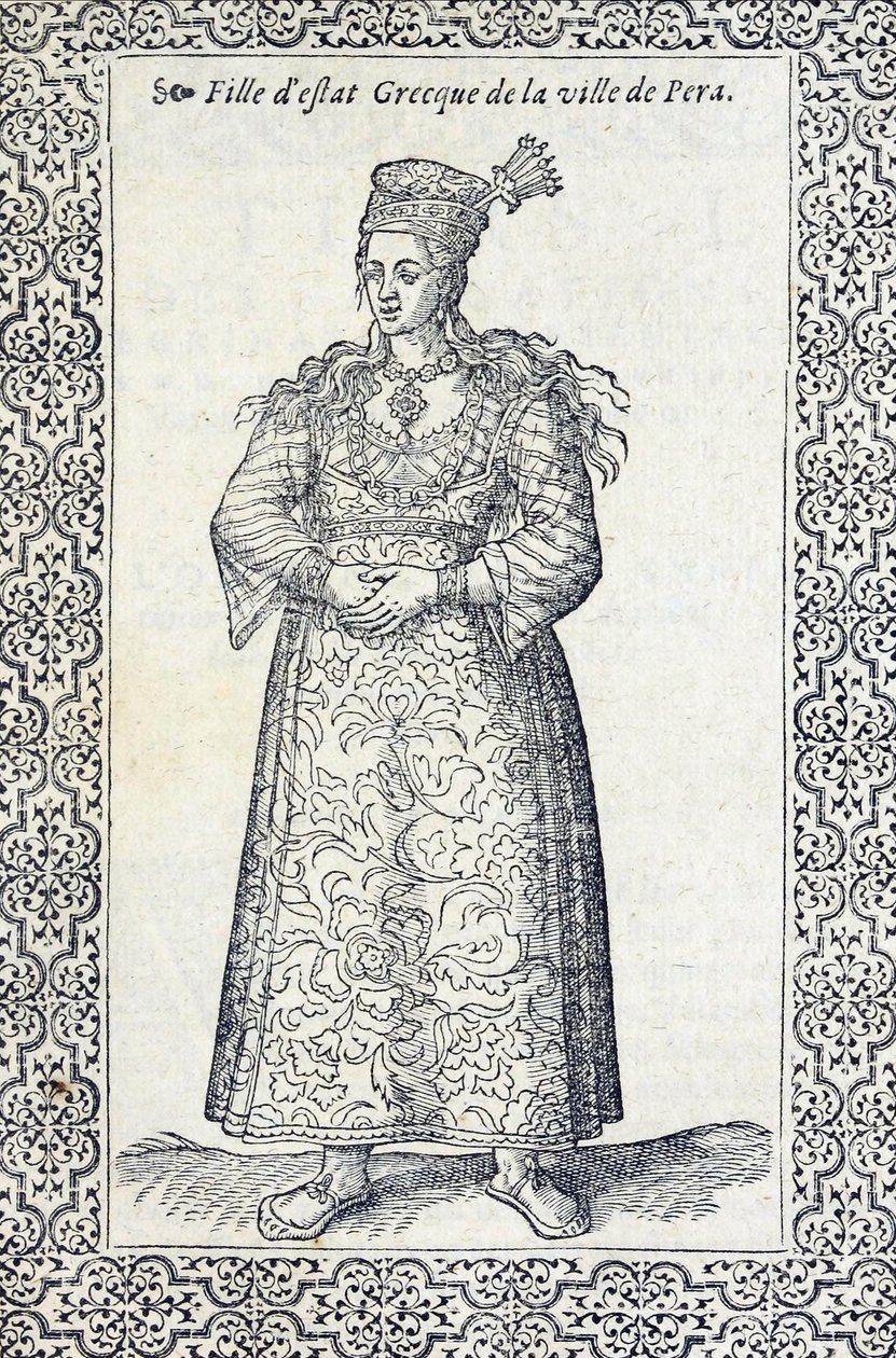 Illustration eines griechischen Mädchens aus Pera, aus Les navigations, peregrinations et voyages, faicts en la Turquie, von Nicolas de Nicolay, vor 1576 von French School