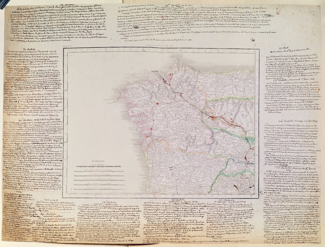 Karte von Galizien mit der Route der französischen Armee und einem Logbuch, aus dem Feldzug im Januar 1809 von French School
