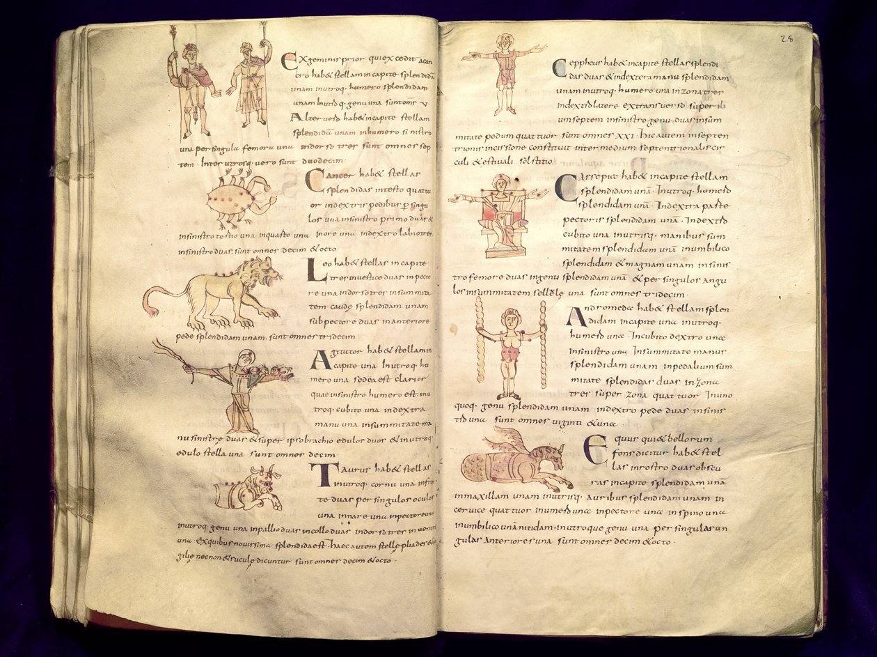 Ms 422 Fol.27v und 28r Pfad des Mondes durch die Sternbilder, aus 