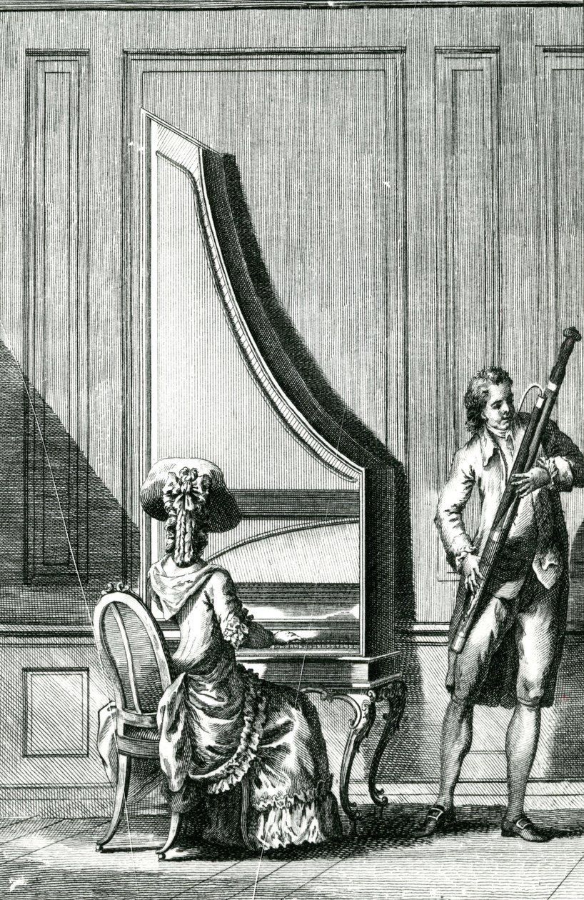 Musiker spielen ein aufrechtes Klavichord und ein Fagott von French School