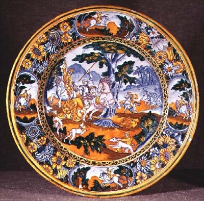 Nevers-Schale, die eine Jagdszene darstellt, adaptiert von zwei Drucken von Antonio Tempesta, um 1660 von French School