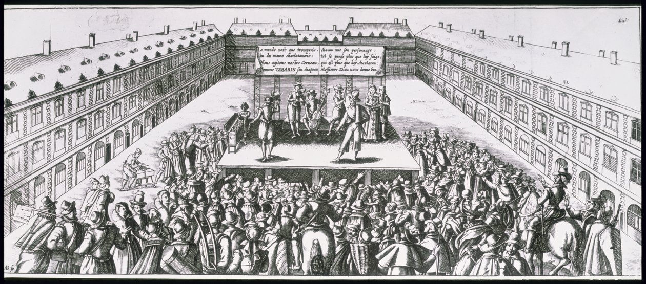 Freilufttheateraufführung mit Antoine Firard (1584-1633), bekannt als Tabarin, auf der Bühne von French School