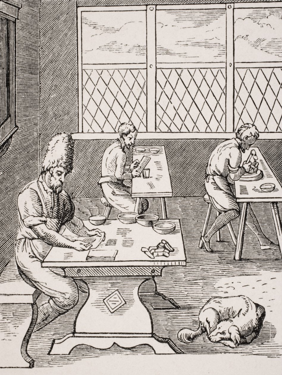 Nadel- und Steckennäher, Reproduktion eines Holzschnitts von Jost Amman (1539-91) aus 