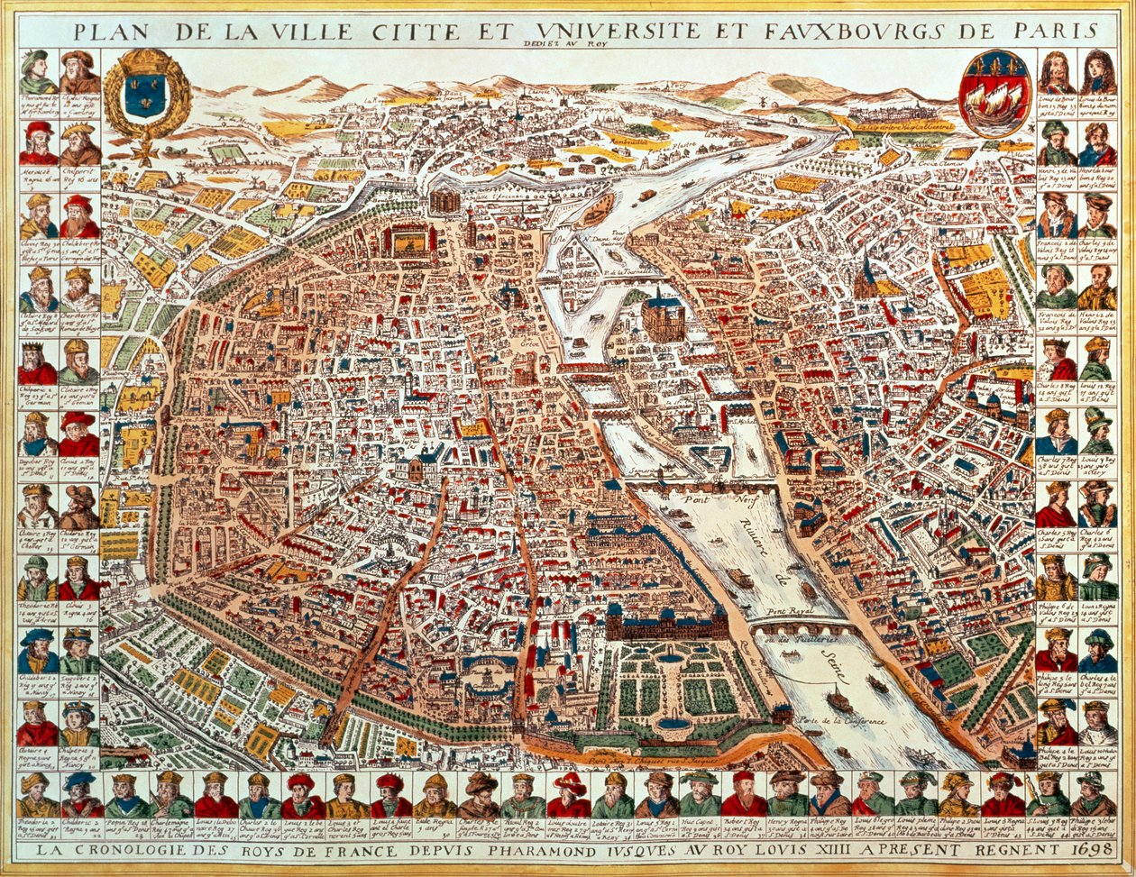 Plan von Paris, umrahmt von einer chronologischen Reihe von Porträts der Könige von Frankreich von Pharamond bis Ludwig XIV., 1698 von French School