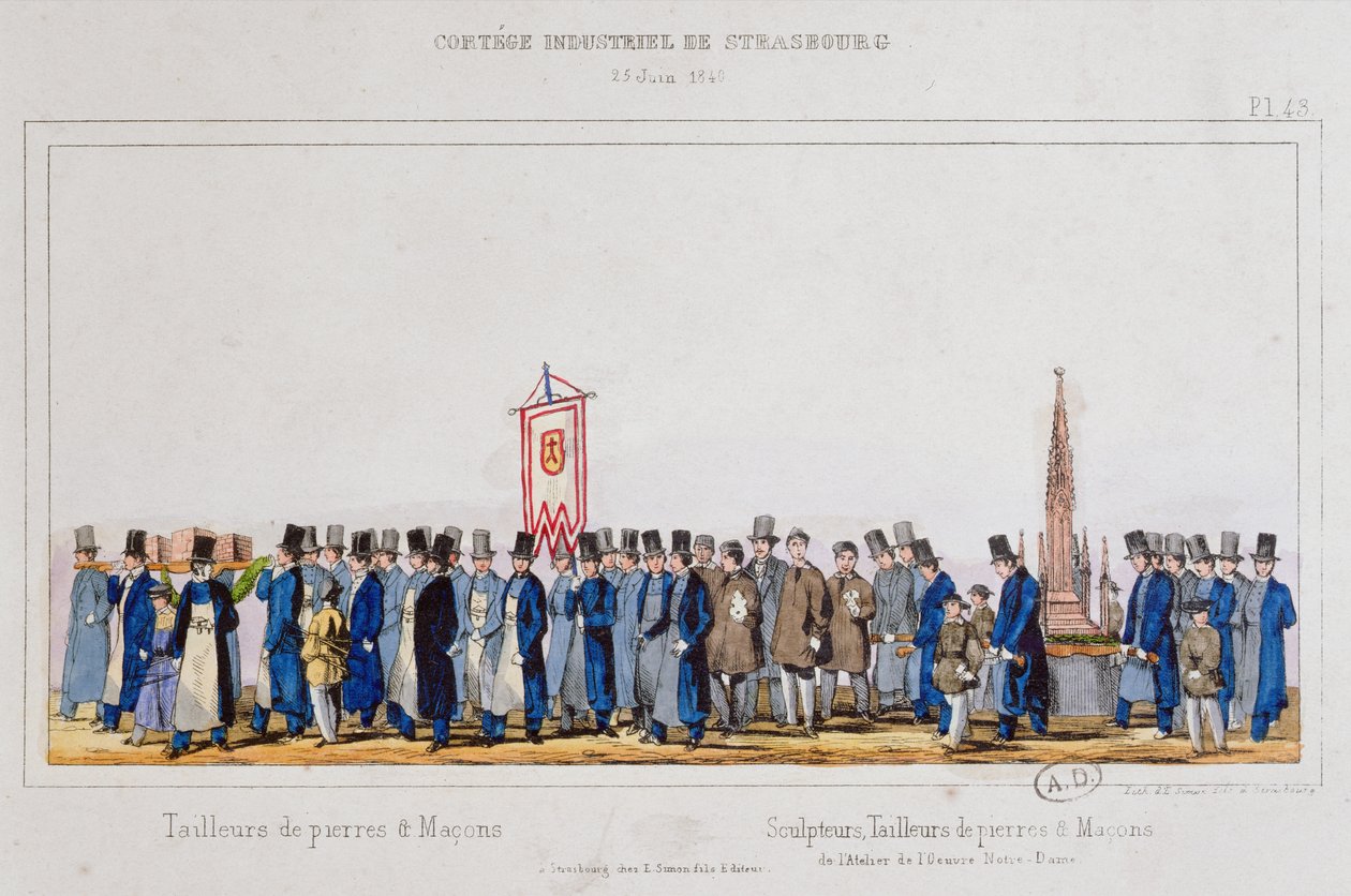 Prozession der Steinmetze und Maurer in Straßburg, 25. Juni 1840 von French School