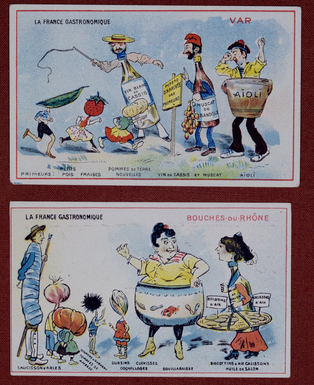 Werbe- und Bildungskarten für Kinder, die Lebensmittelspezialitäten der Regionen Var und Bouches-du-Rhone darstellen, ca. 1910 von French School