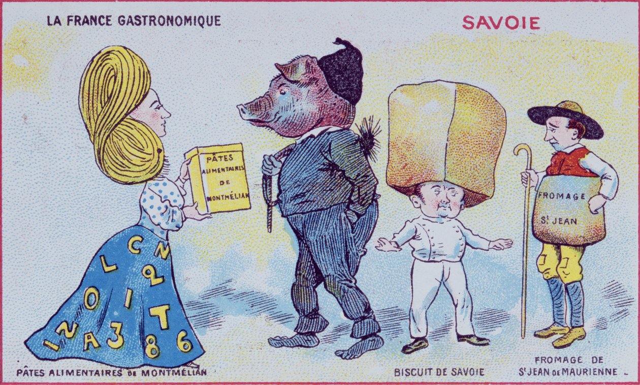 Werbe- und Bildungskarte für Kinder, die Lebensmittelspezialitäten der Region Savoie darstellen, ca. 1910 von French School