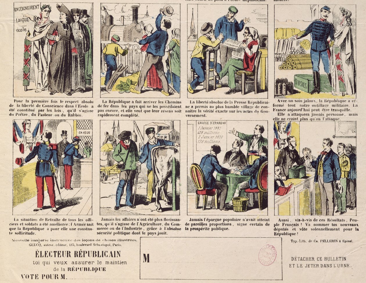 Republikanische Propaganda zur Unterstützung der Gründung der Dritten Republik, ca. 1881 von French School