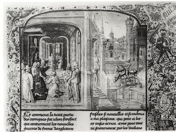 T.III fol.1 Froissart wird in Orthez von Graf Gaston de Foix empfangen, dem er den Brief von Guy de Blois übergibt, aus Froissarts Chronik von French School
