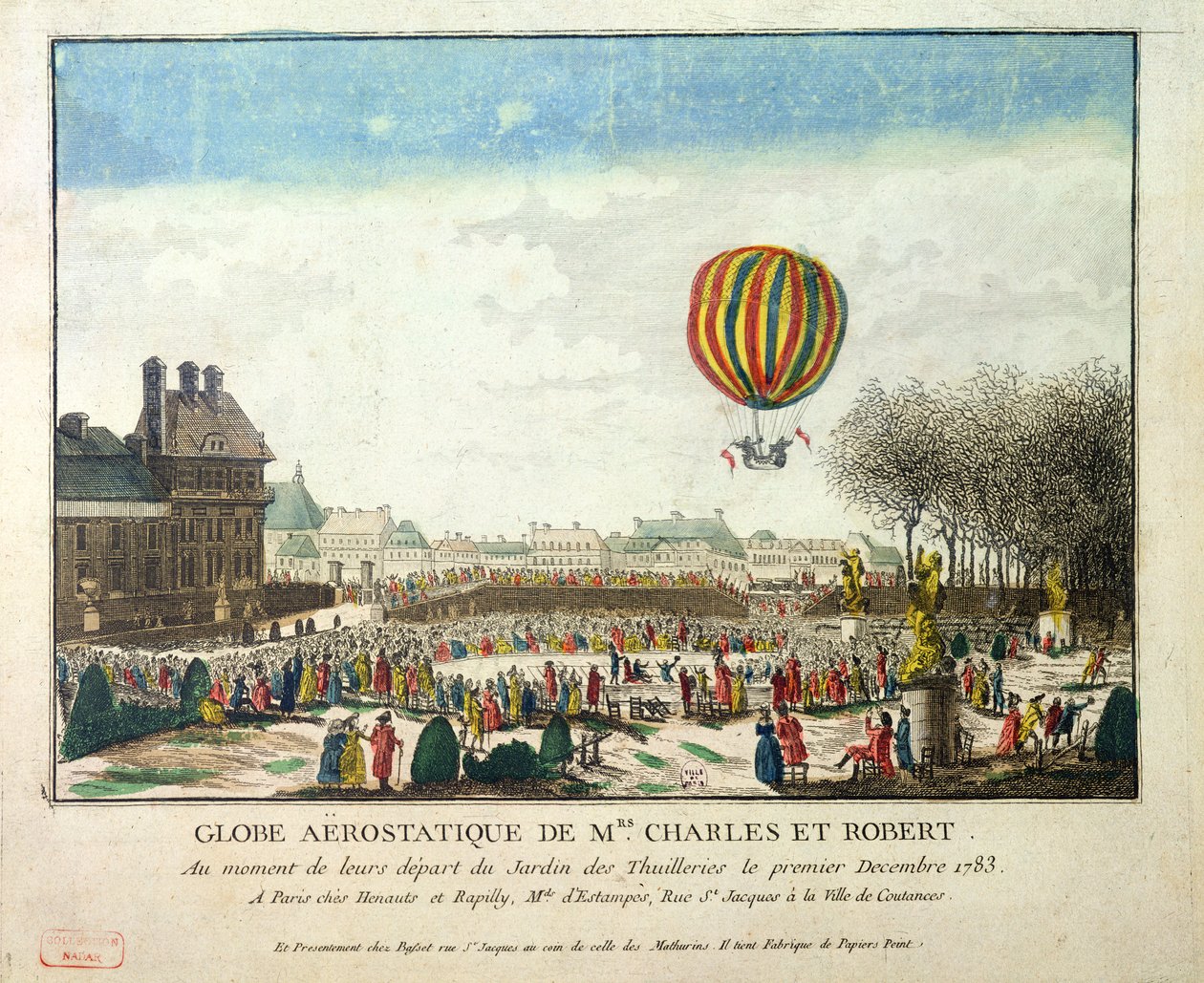 Die Flucht von Jacques Charles (1746-1823) und Nicholas Robert (1761-1828) aus dem Jardin des Tuileries, 1. Dezember 1783 von French School