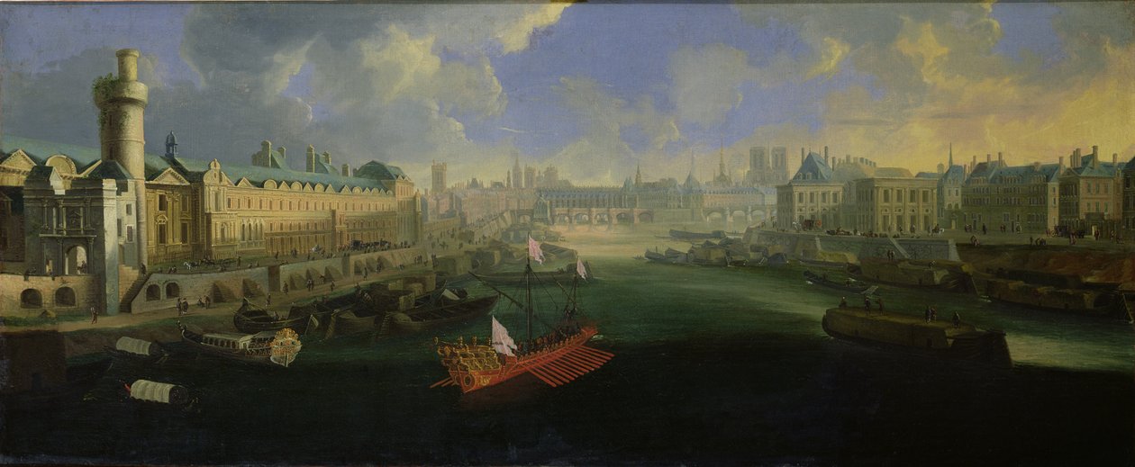 Die Seine, Ansicht der Pont Neuf, des Louvre und des College Mazarin von French School