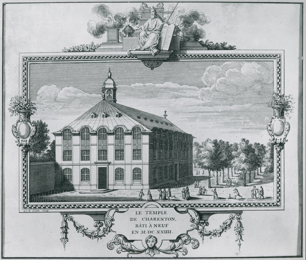 Der Tempel von Charenton, wiederaufgebaut 1624, graviert von Gerard Jean Baptiste Scotin (1671-1716) von French School