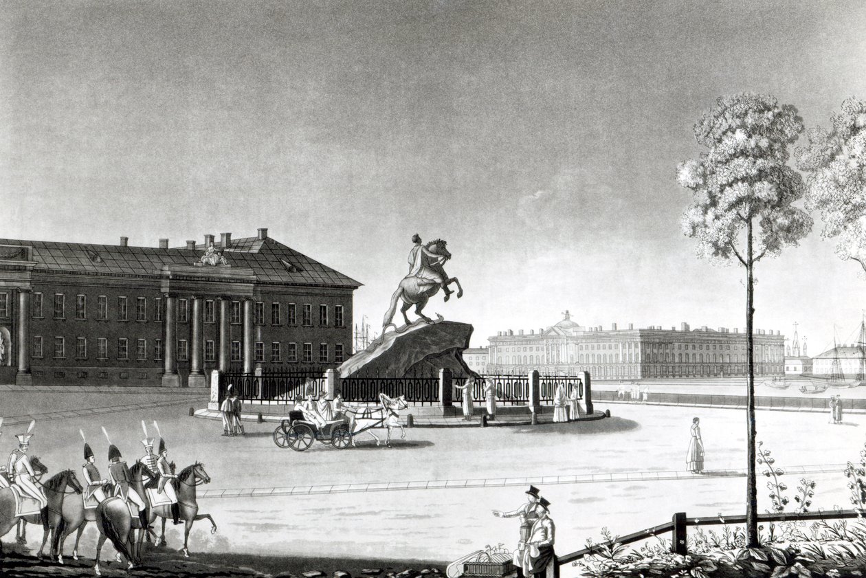 Ansicht der Statue von Peter dem Großen auf dem Senatsplatz, St. Petersburg von French School