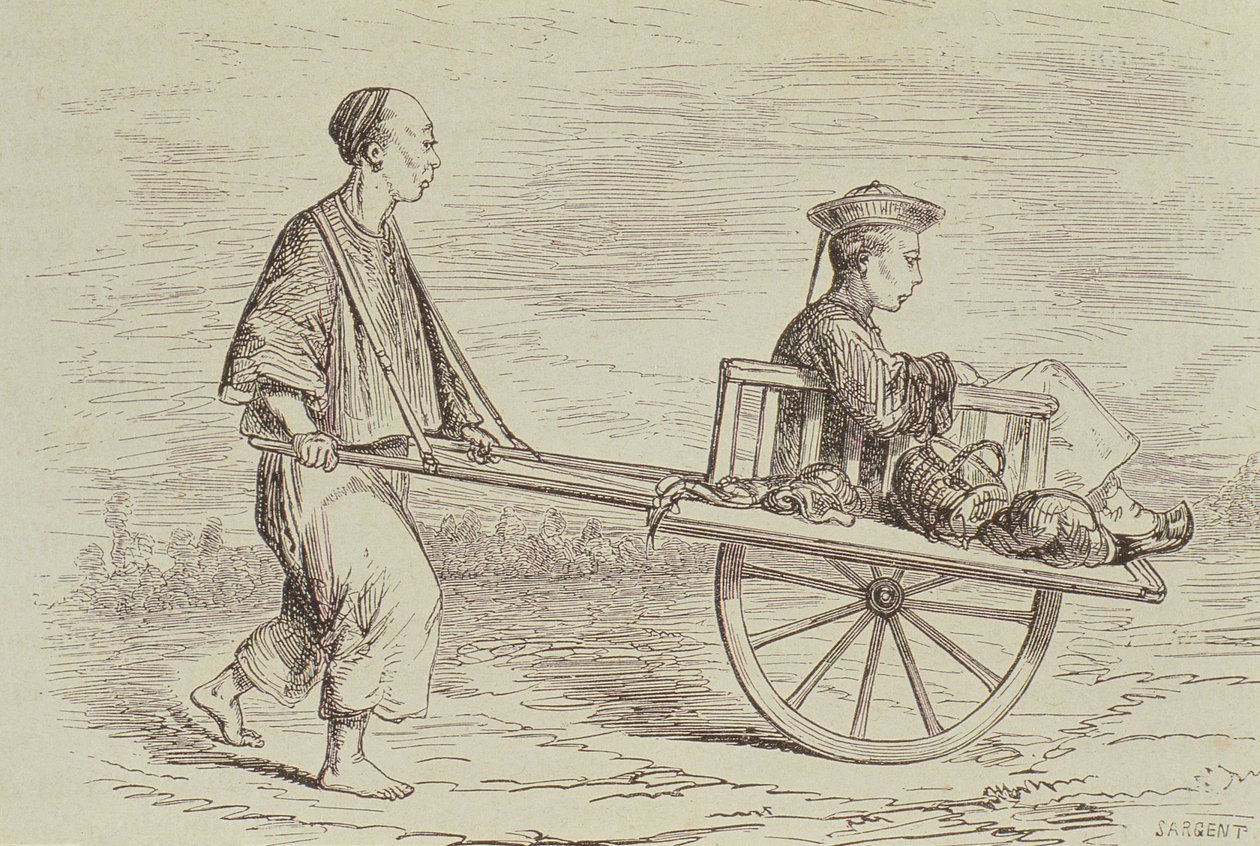 Schubkarren-Taxi in den 1850er Jahren, China, graviert von Alfred Louis Sargent aus 