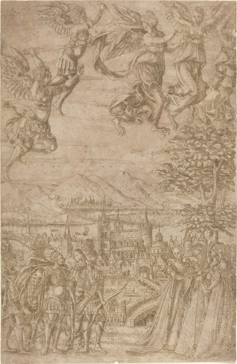 Ein König und sein Gefolge konfrontieren Damen unter einer himmlischen Schlacht von French 17th Century