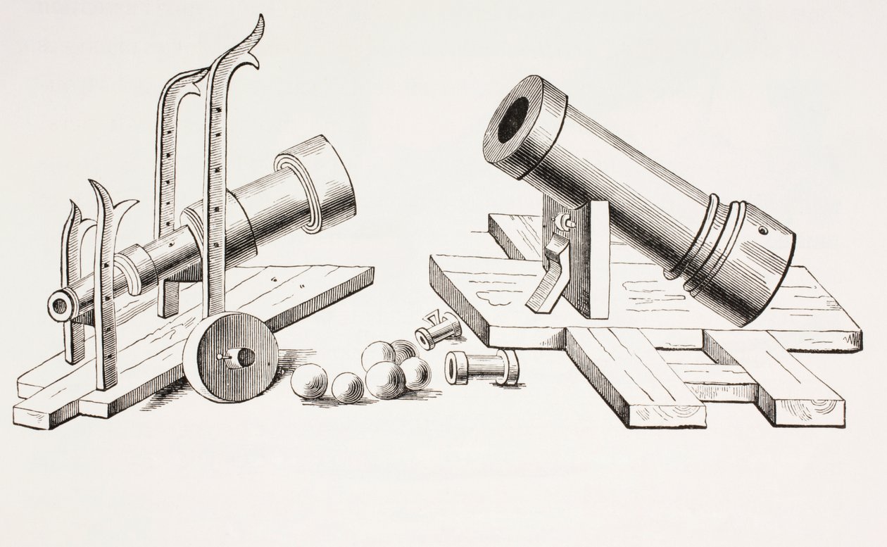 Kanonen des 15. Jahrhunderts, mit festem Lafettengestell (rechts) und rollendem Lafettengestell (links) aus Les Arts au Moyen Age, veröffentlicht 1873 von French School