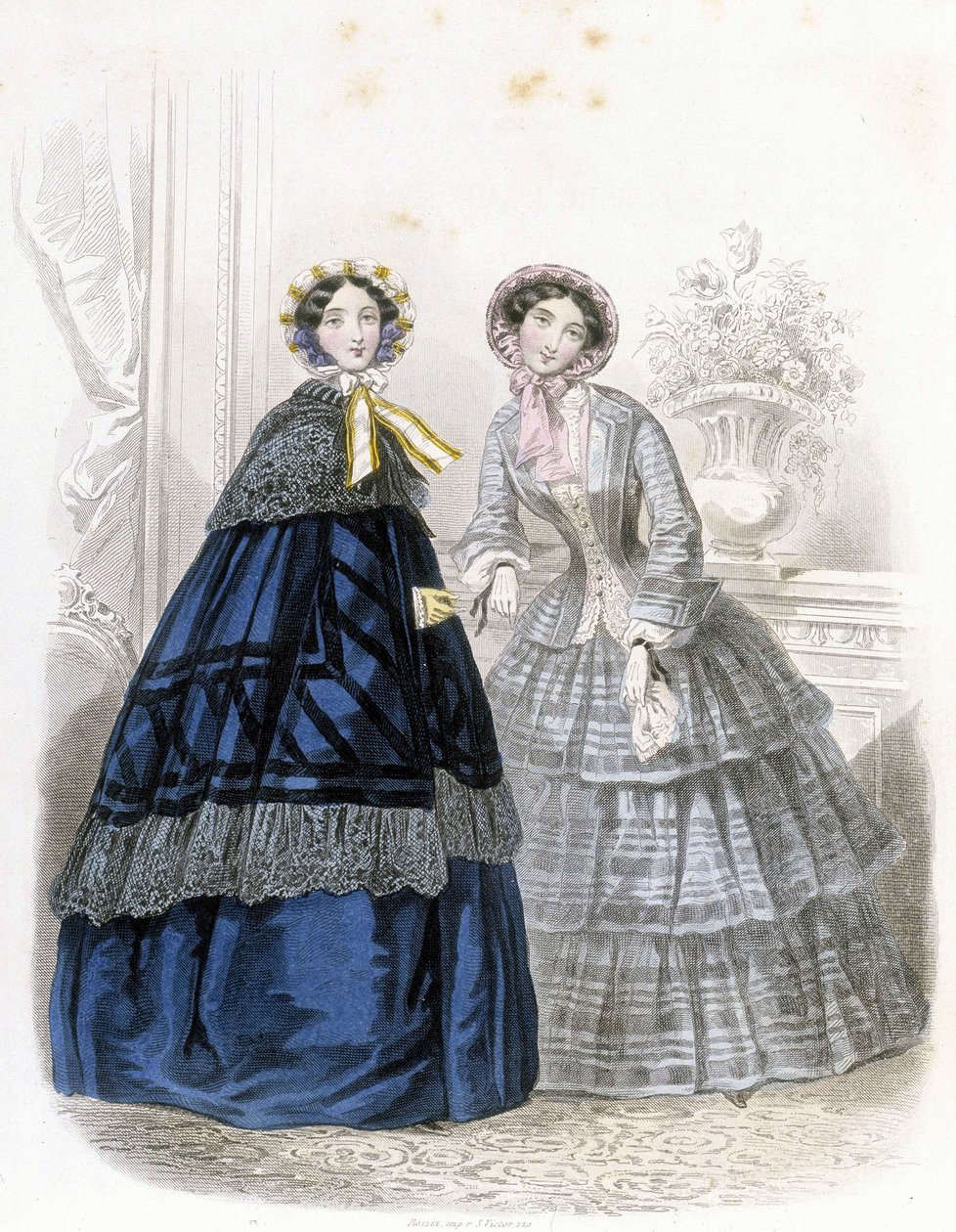 2 modische Frauen: in Outfit - im „Journal des Demoiselles“ 1852 (Gravur) von French School