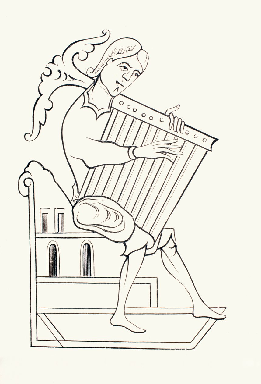 Ein Musiker des 9. Jahrhunderts spielt ein Psalterium, aus 